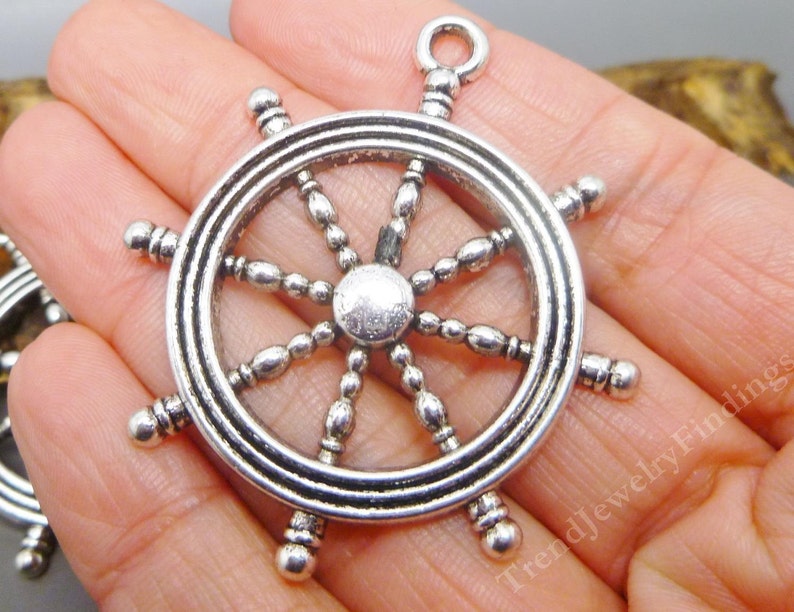 2 LARGE Nautical Pendant Antique Silver Tone Ship Wheel Charms MC0427
