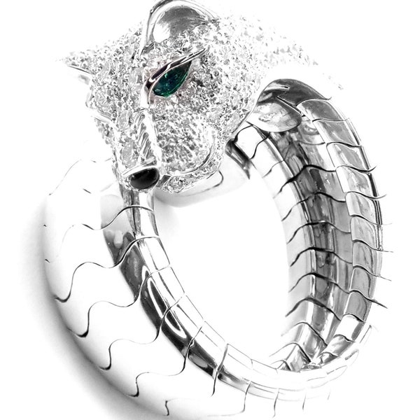 Authentic! Cartier Panther 18k White Gold Diamond Emerald Onyx Band Ring Cert.