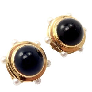 Vintage Authentic Rare Tiffany & Co. 18k Yellow Gold Pearl Onyx Earrings