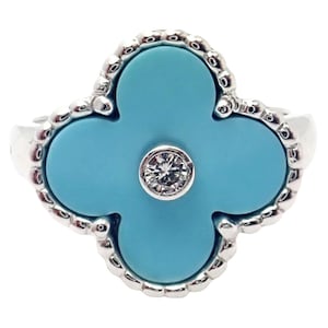 Authentic! Van Cleef & Arpels Alhambra 18k Gold Diamond Turquoise Ring Paper