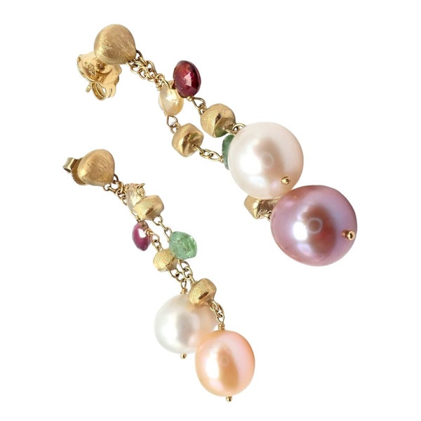 Authentic! Marco Bicego 18k Yellow Gold Paradise Multicolor Gems Pearl Earrings