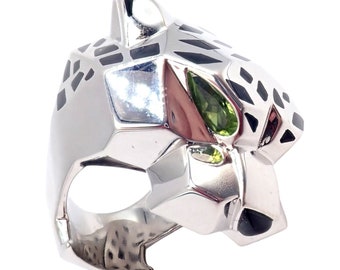 Cartier Panther Panthere 18k White Gold Peridot Onyx Lacquer Large Ring