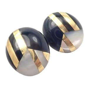 Rare! Tiffany & Co Cummings 18k Yellow Gold Mother of Pearl Black Jade Earrings