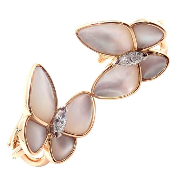 Van Cleef Arpels 18k Rose Gold Diamond MoP Two Butterfly Earrings Cert