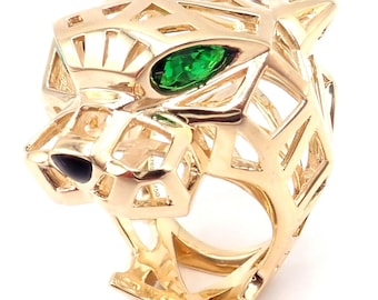 Authentic! Cartier Panther Panthere 18k Yellow Gold Tsavorite Onyx Large Ring