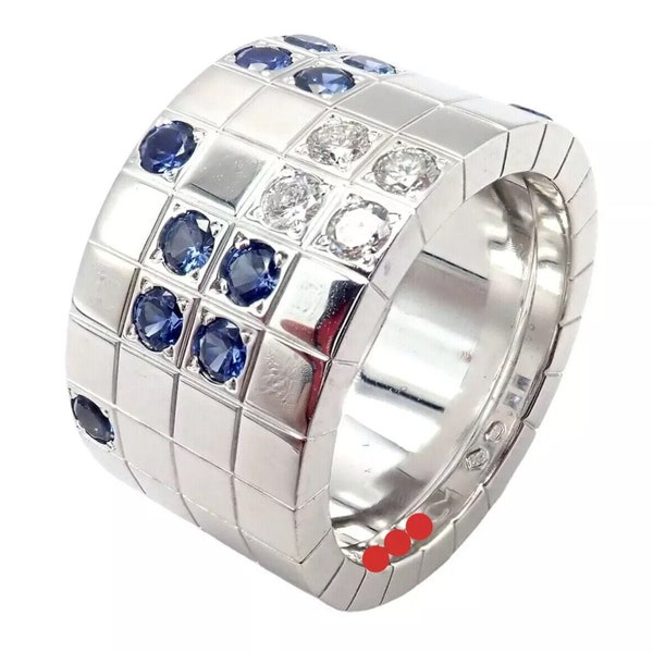 Cartier 18k White Gold Lanieres Diamond Blue Sapphire Wide Band Ring 53 6.5