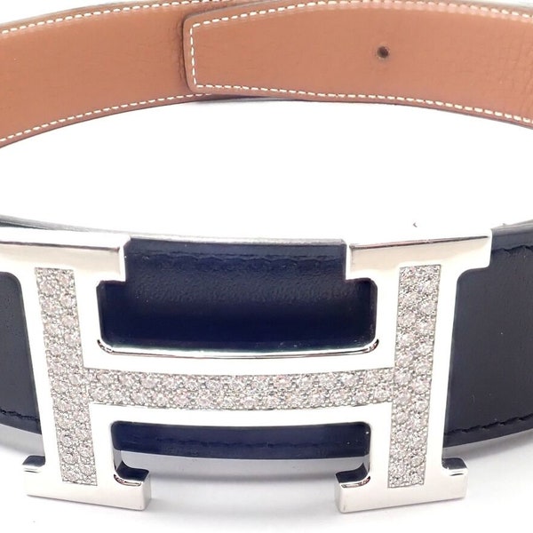 Authentic! Hermes 18k White Gold 3.79ct Diamond Large H Buckle & Reversible Belt