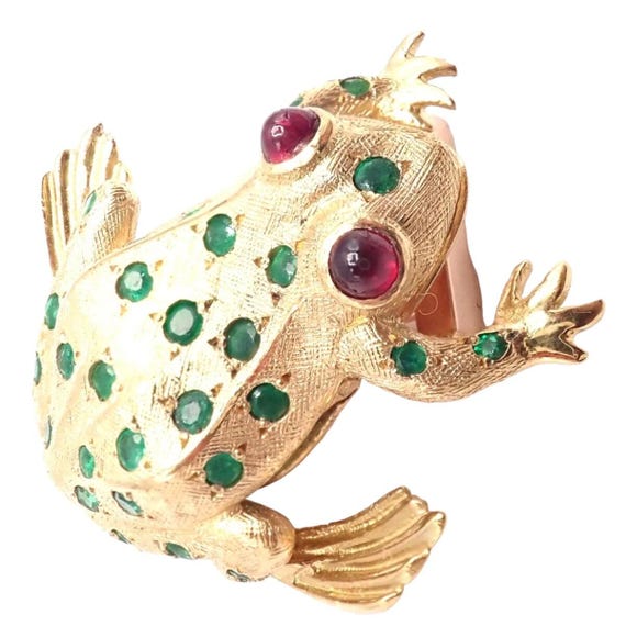 Vintage! Tiffany & Co. France 20k Yellow Gold Ruby Emerald Frog Pin Brooch