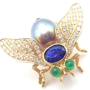 Tiffany & Co 18k Gold Diamond Tahitian Pearl Tanzanite Emerald Fly Pin Brooch