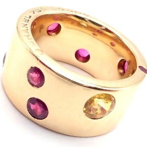 Authentic! Chanel 18k Yellow Gold Ruby Yellow Sapphire Wide Band Ring Size 5