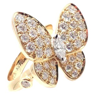 Authentic! Van Cleef & Arpels 18k Yellow Gold Diamond Two Butterfly Ring Cert.