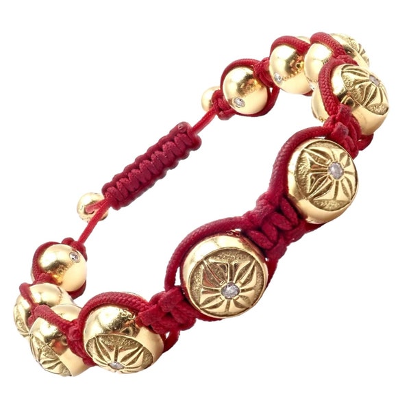 Authentic! Shamballa Jewels 18k Yellow Gold Bead Diamond Lucky Red Cord Bracelet