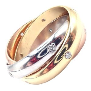 Authentic! Cartier 18k Tri-Color Gold Diamond Trinity Band Ring Size 5.75 Cert.
