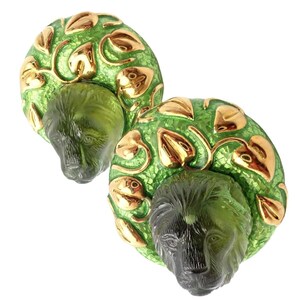 Elizabeth Gage 18k Yellow Gold Carved Green Tourmaline Enamel Lion Earrings