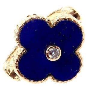 Van Cleef & Arpels Alhambra 18k Yellow Gold Lapis Lazuli Diamond Ring Sz 4
