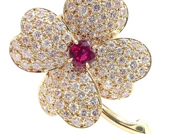 Vintage! Van Cleef & Arpels Cosmos 18k Yellow Gold Diamond Ruby Brooch Pendant