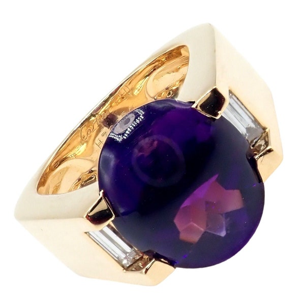 Authentic! Cartier Tankissi 18k Yellow Gold Diamond Large Amethyst Ring