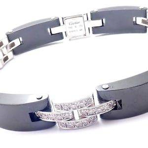 Authentic! Cartier Maillon Panthere 18K White Gold Diamond Ceramic Link Bracelet