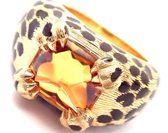 Rare! Authentic Christian Dior Leopard 18k Yellow Gold Citrine Enamel Ring Cert