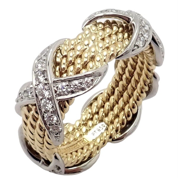 Tiffany & Co Schlumberger 18k Gelbgold Platin Diamant Seilring Größe 6,5
