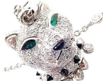 Authentic! Cartier Panther 18k White Gold Diamond Emerald Onyx Pendant Necklace