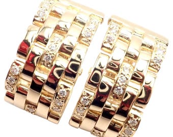 Authentic Cartier Maillon Panthere 18K Gold Diamond Five Row Link Gold Earrings