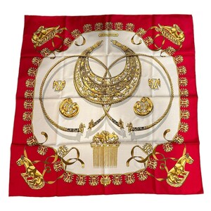 Hermes Carre Les Cavaliers D'Or Golden Horsemen Vintage 90cm Red Silk Scarf