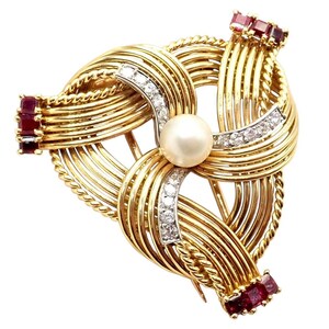 Vintage Cartier Brosche aus 18 Karat Gelbgold mit Diamanten, Rubinen und Perlen, 1960er Jahre