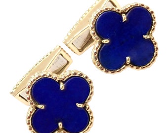 Rare! Van Cleef & Arpels 18k Yellow Gold Vintage Alhambra Blue Lapis Cufflinks