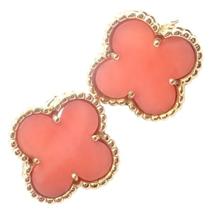 Authentic! Van Cleef & Arpels Vintage Alhambra 18k Yellow Gold Coral Earrings
