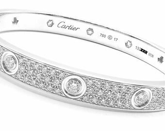 Authentic! Cartier Love 18k White Gold Diamond Pave Bangle Bracelet Sz 17 Paper