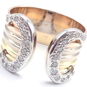 Authentic! Cartier Diamond Double C 18k Tri-Color Gold Band Ring Size 54 US 6.75