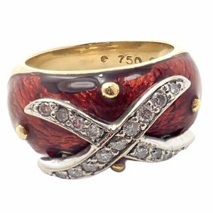 Authentic! Hidalgo 18K Yellow Gold Red Enamel X Diamond Ring Sz 5