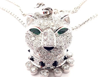 Panthere de Cartier Panther 18k Gold Diamond Emerald Onyx Pendant Necklace Cert.