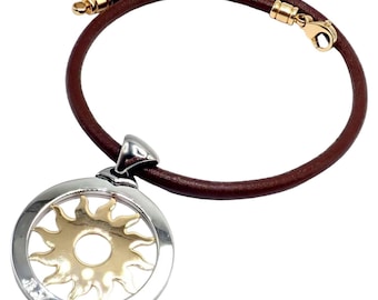 Bulgari Tondo Sun 18k Gold Stahl Extra Große Anhänger Braun Leder Halskette