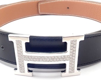 Authentic! Hermes 18k White Gold 3.79ct Diamond Large H Buckle & Reversible Belt