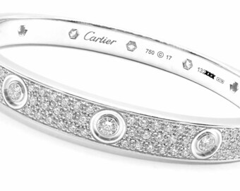 Authentic! Cartier Love 18k White Gold Diamond Pave Bangle Bracelet Sz 17 Paper