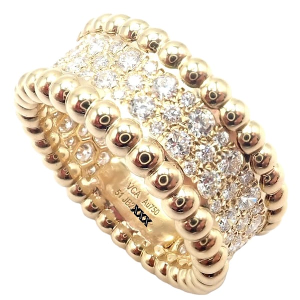 Authentic! Van Cleef & Arpels 18k Yellow Gold Perlee Diamond 3 Rows Band Ring