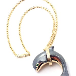 Rare! Authentic Cartier 18k Yellow Gold Hematite Dolphin Pendant Link Necklace