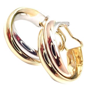 Authentic! Cartier 18k Tri-Color Gold Medium Size Trinity Hoop Earrings