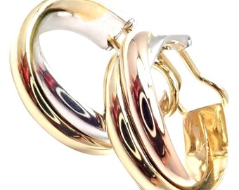 Authentic! Cartier 18k Tri-Color Gold Medium Size Trinity Hoop Earrings