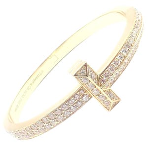 Authentic! Tiffany & Co 18k Yellow Gold Diamond T1 Wide Hinged Bangle Bracelet