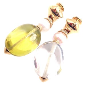 Authentic! Bulgari Bvlgari 18k Gold Diamond Pearl Peridot Crystal Drop Earrings