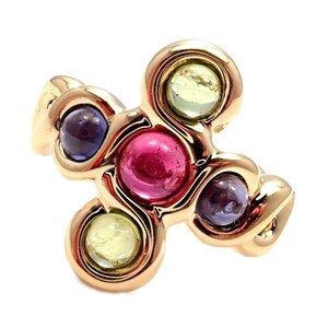 Authentic! Chanel 18k Yellow Gold Pink Green Tourmaline Ring sz 4.5