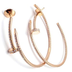 Authentic! Cartier Juste un Clou 18k Rose Gold Diamond Nail Hoop Earrings Paper