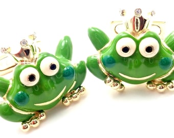 Authentic! Aaron Basha 18k Yellow Gold Diamond Enamel Frog Prince Cufflinks