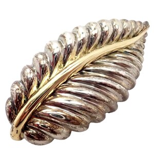 Authentic! Tiffany & Co 18k Yellow Gold Silver Leaf Pin Brooch 2003