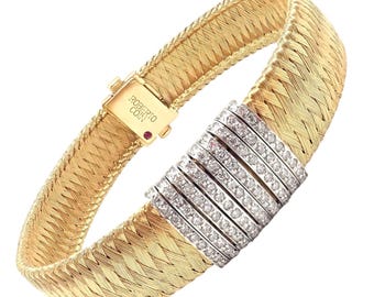 Authentic! Roberto Coin 18k Yellow Gold 9 Row Diamond Silk Weave Bracelet