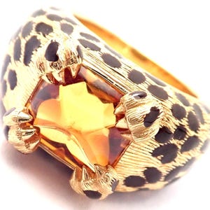 Rare! Authentic Christian Dior Leopard 18k Yellow Gold Citrine Enamel Ring Cert