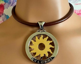 Authentic Bulgari Tondo Sun 18k Gold Steel Extra Large Pendant Leather Necklace Etsy